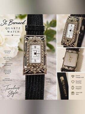 St. Bernard Quartz Watch Silver Tone Art Deco Black Genuine Leather Band